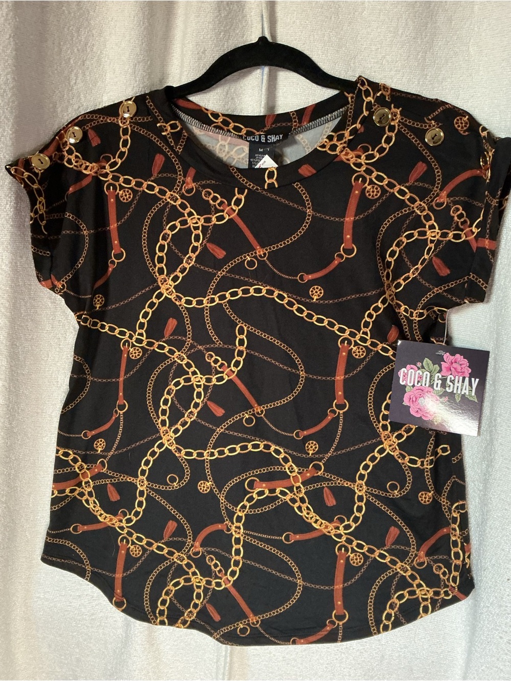Black Chain-Print Short Sleeve Top